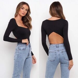 Petal & Pup Black Bodysuit Long Sleeve Open Back Square Neck Size 6